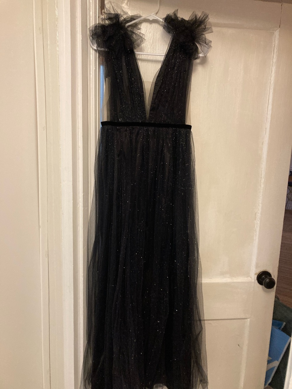 Luxxel Black Sparkle Tulle Prom Gown with Ruffle Shoulders